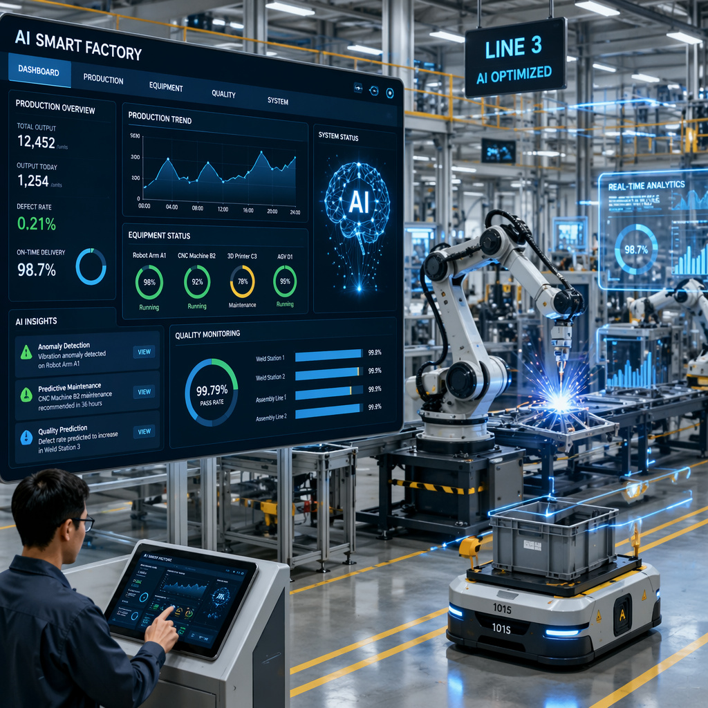 A modern factory featuring artificial intelligence elements, digital dashboards, and industrial robots.